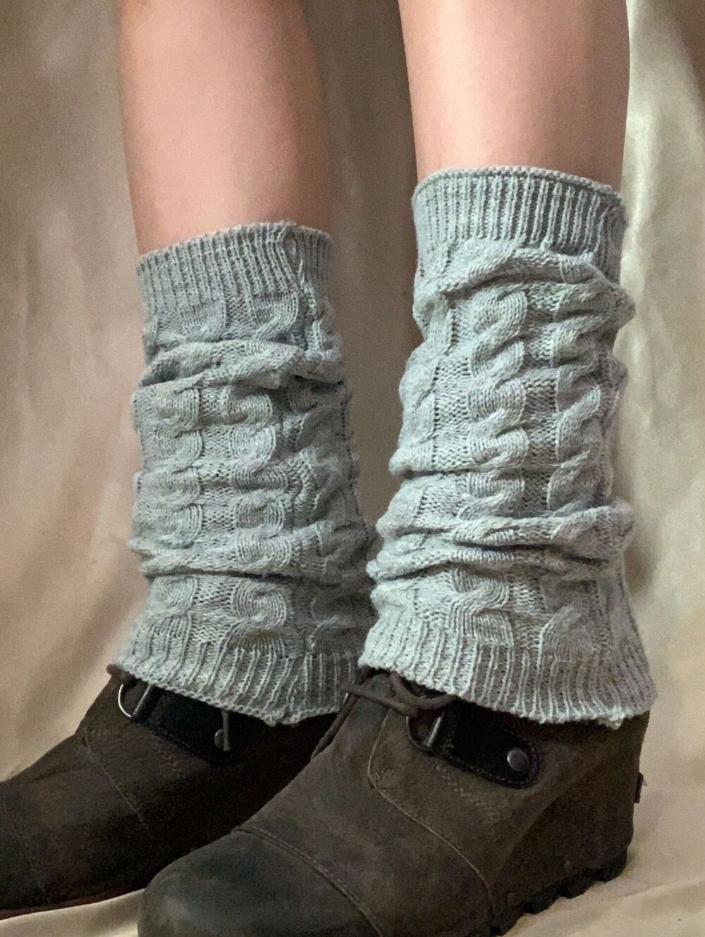 Womens Gray Cable Knit Leg Warmers Slouchy Ribbed Boot Cuffs Crochet One Size